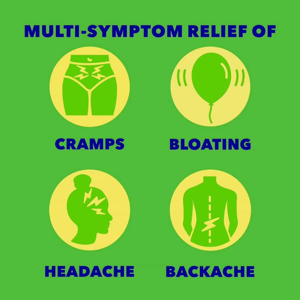 Midol PMS Caffeine-Free, Fast Relief of Pre-Menstrual Period Symptoms such as Irritability, Bloating, Cramps, Breast tenderness, Backache, Headaches and Muscle Aches. 40 Caplets