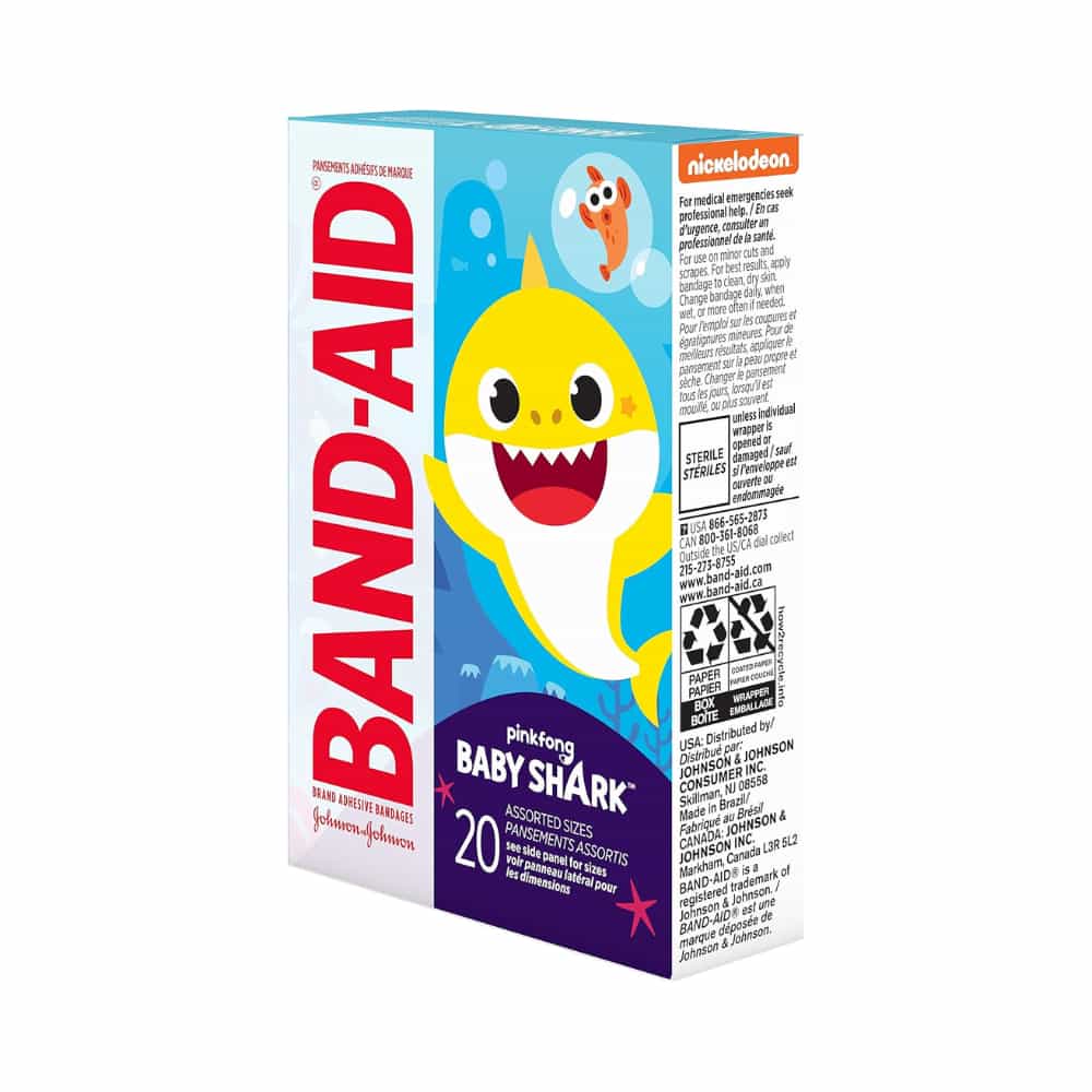 Adhesive Bandages Pinkfong Baby Shark Characters for Kids and Toddlers, Assorted Sizes 20 ea