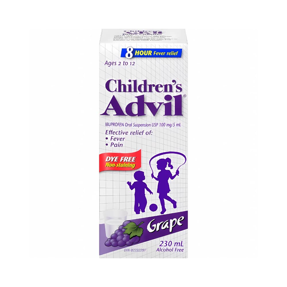 Children's Advil Fever and Pain Relief Ibuprofen Oral Suspension, Dye Free, Grape, 230 mL