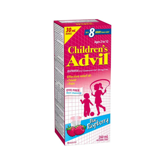 Children's Advil Fever and Pain Relief Ibuprofen Oral Suspension, Dye Free, Blue Raspberry, 230 mL