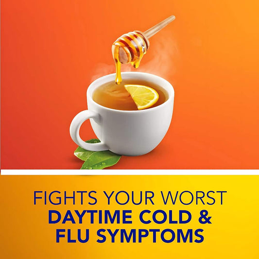 DayQuil Hot Remedy Cold, Flu & Congestion Medicine, Daytime, Non-Drowsy Relief for Fever & Headache, Sore Throat Pain, Nasal Congestion, Cough, Multi-Action, Honey Lemon Flavoured