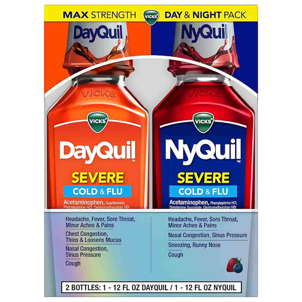 Vicks DayQuil & NyQuil SEVERE Cold & Flu Medicine, Relief for Headache, Fever, Sore Throat, Minor Aches & Pains, Nasal Congestion, Sinus Pressure, Stuffy Nose, and Cough, Co-Pack, 2 x 12 OZ