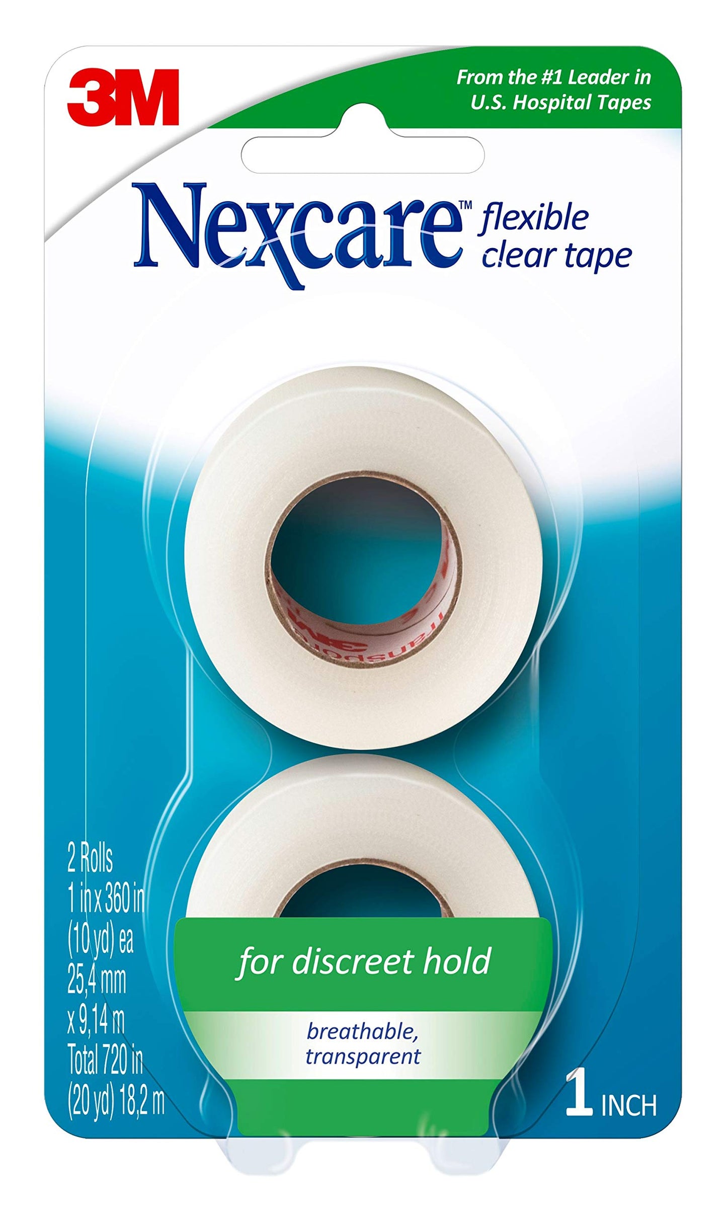 Nexcare Flexible Clear Tape, Waterproof Transparent Medical Tape, Secures Dressings and Catheter Tubing - 1 In x 10 Yds, 2 Rolls of Tape