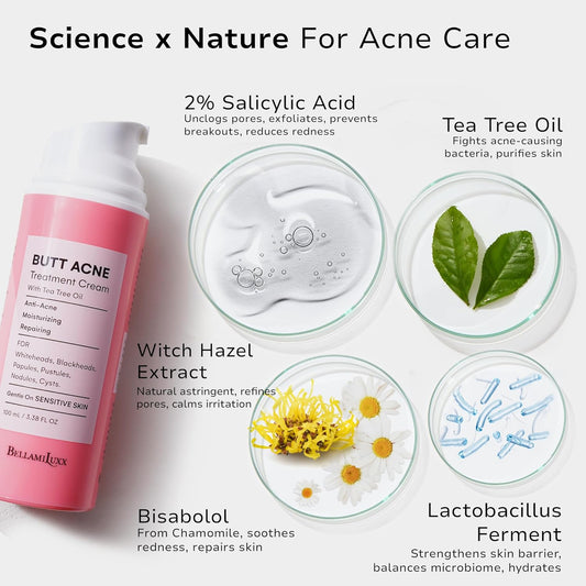 Butt Acne Clearing Treatment Cream: Body Acne Treatment Lotion for Folliculitis and Pimples on Back, Buttocks, Thighs With 2% Salicylic Acid & Tea Tree Oil - Butt Cream for Smooth Skin (100 ml (Pack of 1))