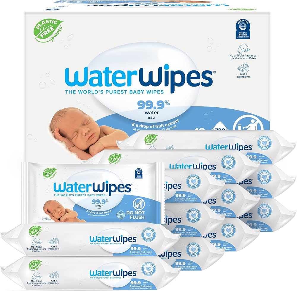 WaterWipes Plastic-Free Original Baby Wipes, 99.9% Water Based Wipes, Unscented & Hypoallergenic for Sensitive Skin, 540 Count (9 packs), Packaging May Vary