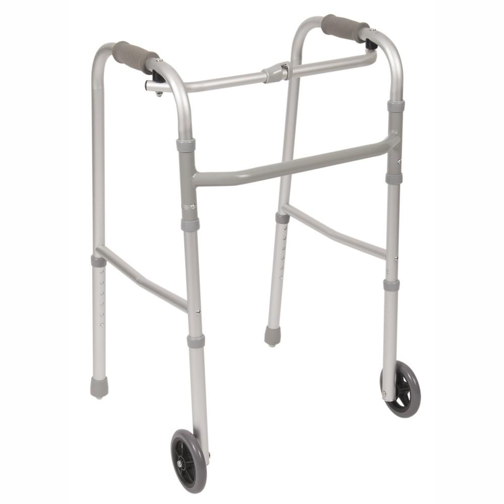 Ea/1 Single Button Folding Walker, Standard With Two Wheels And Two Skis