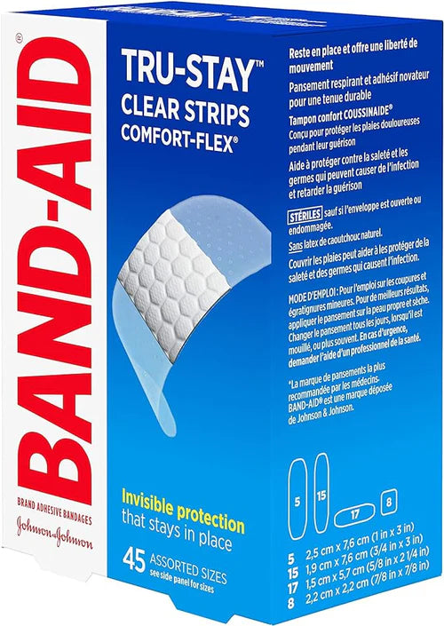 BAND-AID® Brand TRU-STAY™ Clear Strips COMFORT-FLEX® Bandages, Assorted Sizes, 45 Count