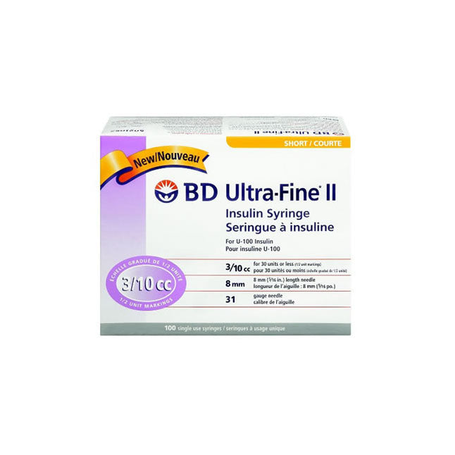 PK/100 INSULIN SYRINGE W/ ULTRA-FINE II NEEDLE 31G x 5/16" (8mm) 0.3ml SHORT SELF-CONTAINED FOR U-100 INSULIN STERILE LATEX-FREE DISPOSABLE