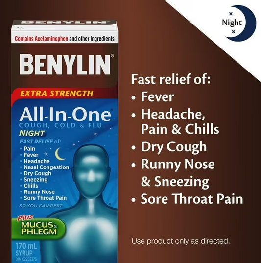 Benylin Extra Strength All-In-One Cough, Cold & Flu Night Syrup - 170ml