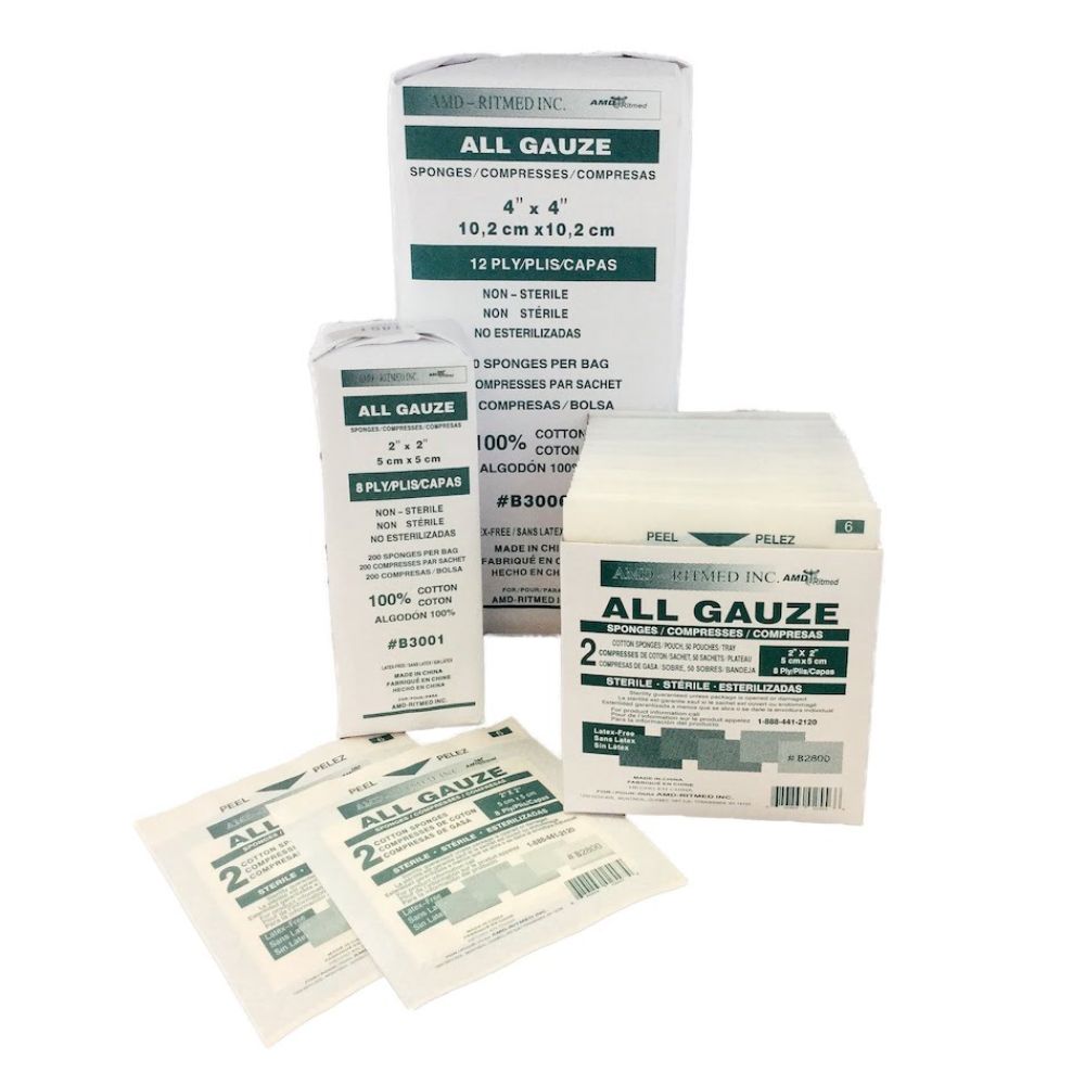 Ritmed® 100% Cotton Gauze Sponges, Sterile, 12-ply, 3" x 3" (Box 100 pcs)