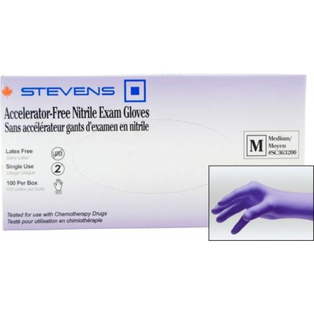 Stevens Accelerator-Free Nitrile Exam Gloves, Powder‑Free, Non‑Sterile, Medium (Box 100 pcs)