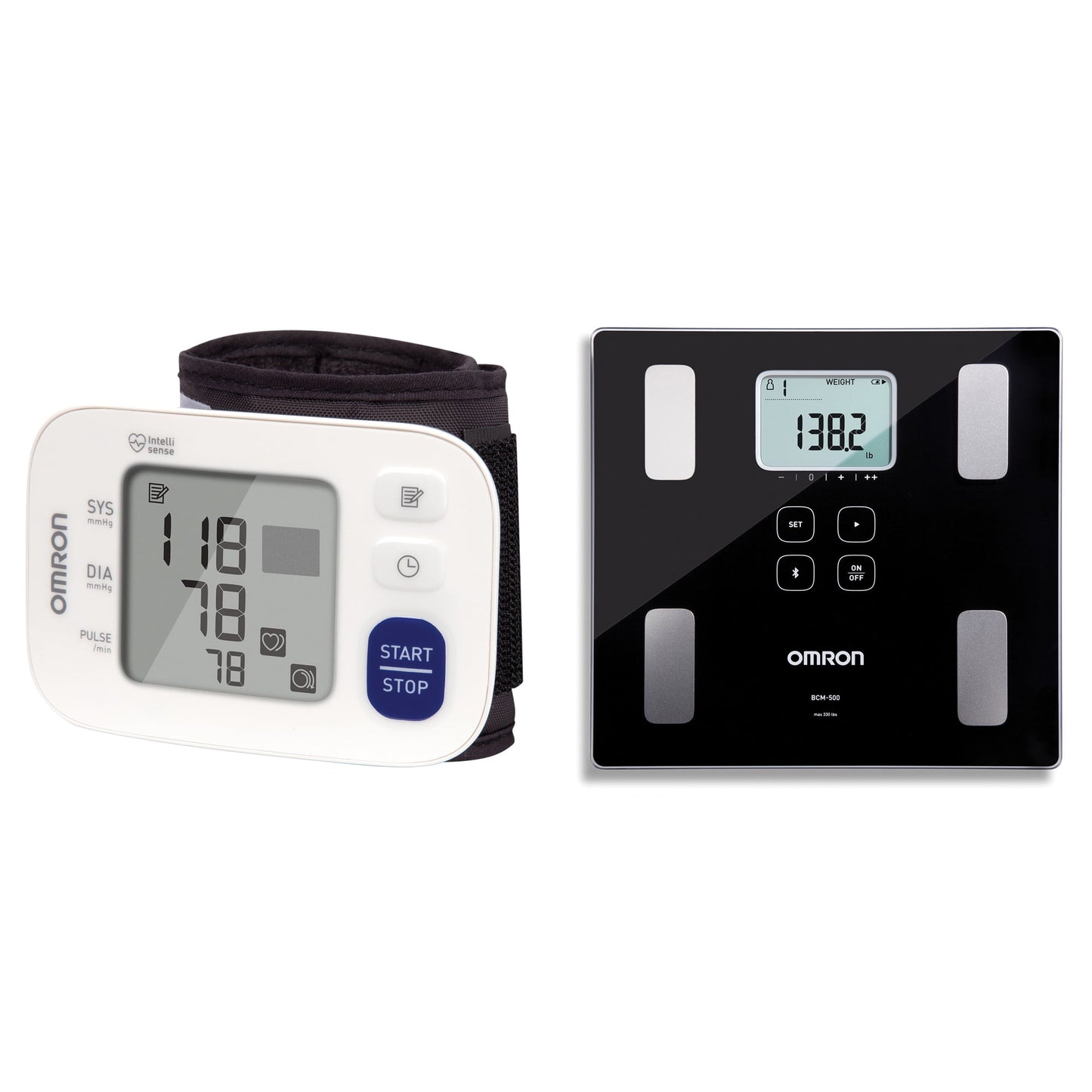 Omron BP6100 3 Series Wrist Blood Pressure Monitor & BCM-500 Body Composition Monitor and Scale with Bluetooth Connectivity