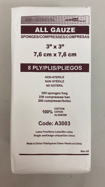 Gauze 3 in. x 3 in. x 8 ply Non Sterile, 200/Sleeve