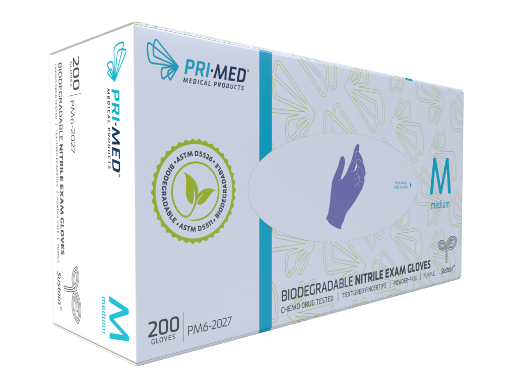 PRIMED® Sustain™ Biodegradable Nitrile Exam Gloves (200 per box), Medium
