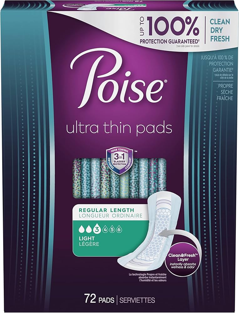 Poise Ultra Thin Regular Length Incontinence & Postpartum Pads With Wings - Light Absorbency - 72 Count
