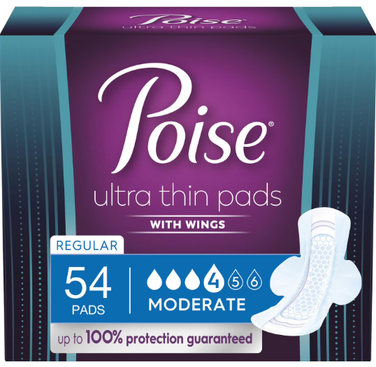 Poise Ultra Thin Regular Length Incontinence & Postpartum Pads With Wings - Medium Absorbency - 54 Count