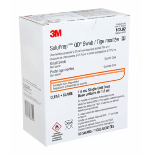 3Mâ„¢ Soluprepâ„¢ Quarter Dose Swab, 0.5% CHG/70% Alcohol, Non-sterile, Clear, Small