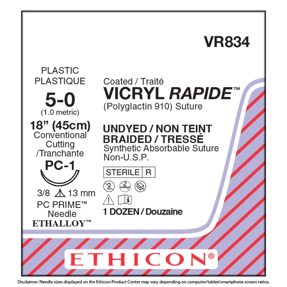VICRYL RAPIDE™ (Polyglactin 910) Suture VR834 (5-0, 18", PC-1 Needle)
