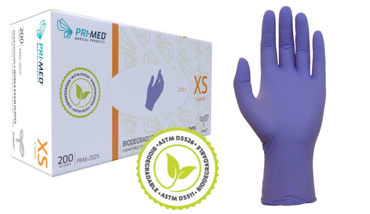PRIMED® Sustain™ Biodegradable Nitrile Exam Gloves, X-Small (Box 200 pcs)