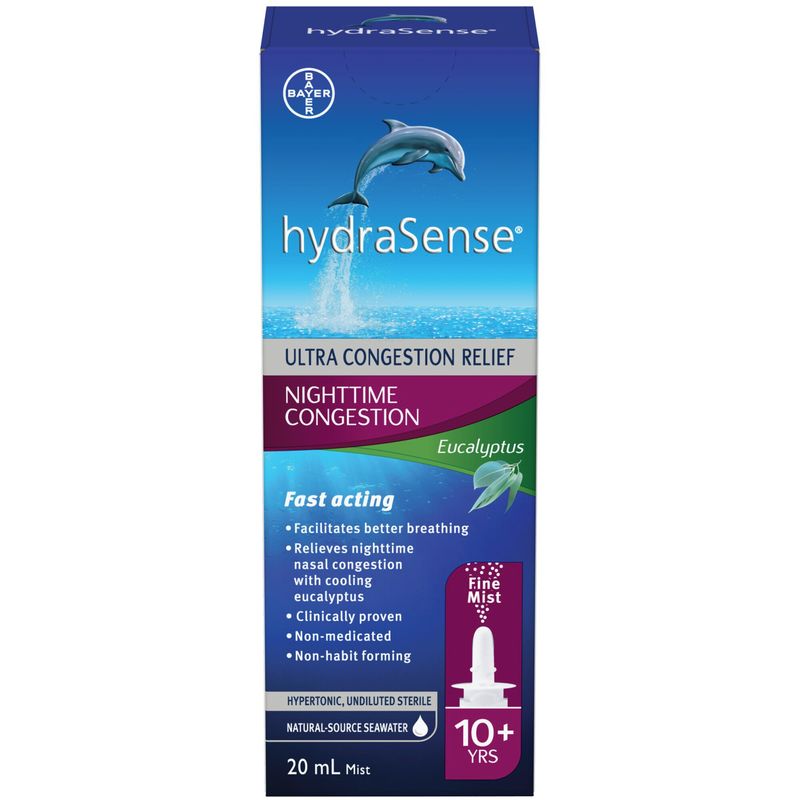 hydraSense Nighttime Congestion Nasal Spray - with Cooling Eucalyptus, Ultra Nasal Congestion Relief Saline Spray, Fast Acting, Clinically-Proven, Non-Medicated, Non-Habit forming, Saline Solution, Natural Source Seawater, 20ml