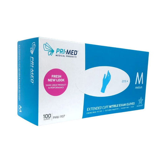 PRIMED® Extended Cuff Nitrile Gloves, Medium (Box 100 pcs)