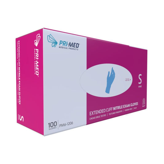 PRIMED® Secure™ Extended Cuff Nitrile Exam Gloves, Blue, Small