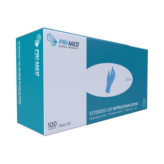 PRIMED® Secure™ Extended Cuff Nitrile Exam Gloves, Blue, Medium (Case 1000 pcs)