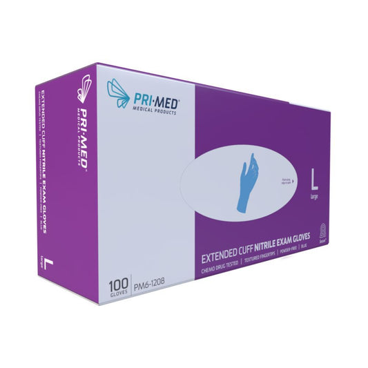 PRIMED® Secure™ Extended Cuff Nitrile Exam Gloves, Blue, Large (Case 1000 pcs)