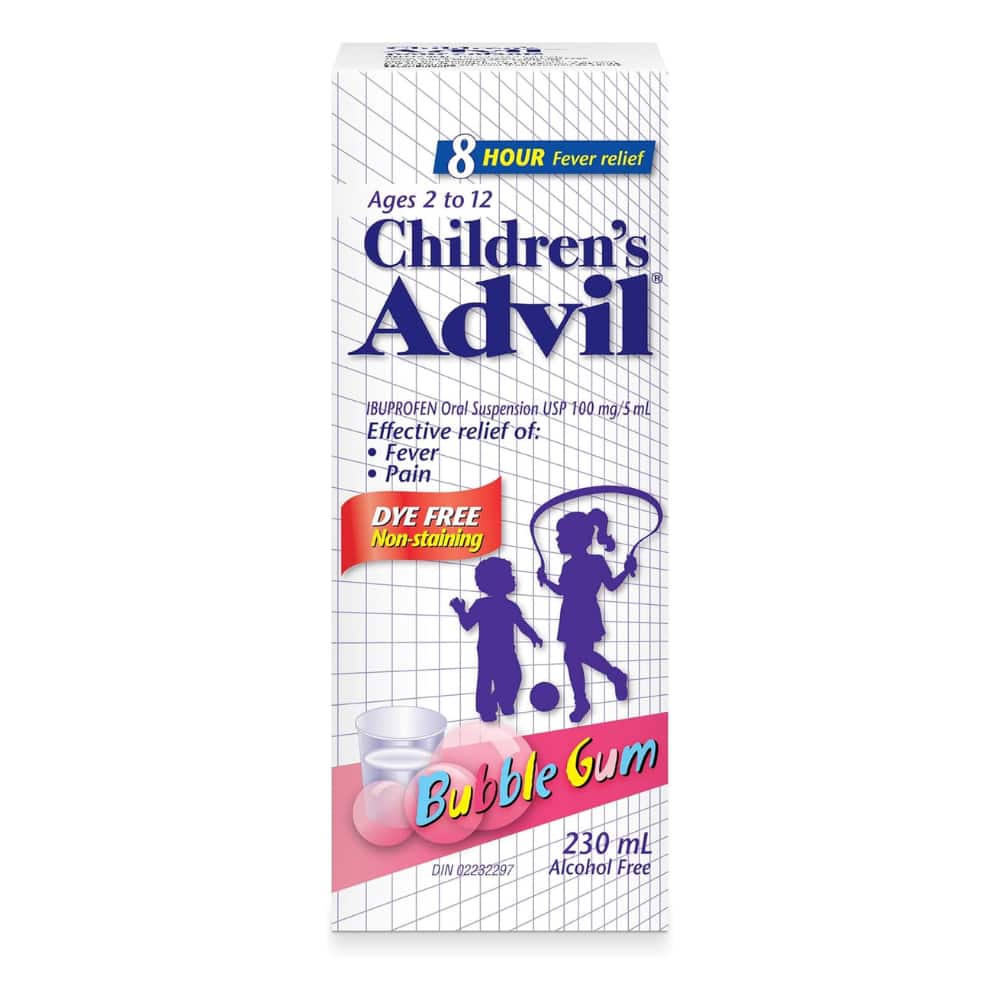 Children's Advil Fever and Pain Relief Ibuprofen Oral Suspension, Dye Free, Bubble Gum, 230 mL