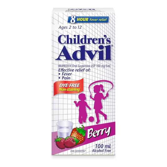 Children's Advil Fever and Pain Relief Ibuprofen Oral Suspension, Dye Free, Berry, 100 mL
