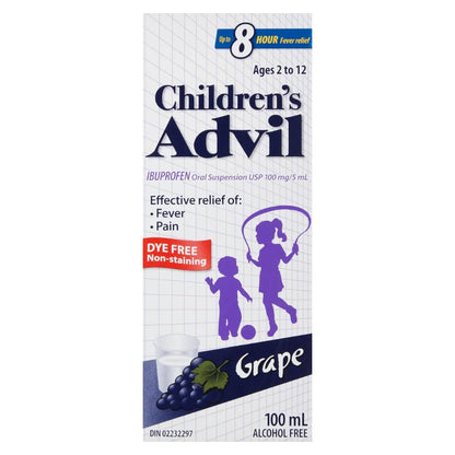 Children's Advil Fever and Pain Relief Ibuprofen Oral Suspension, Dye Free, Grape, 100 mL