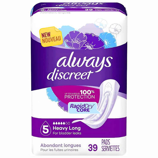 Discreet Heavy Long Incontinence Pads, 39 Count