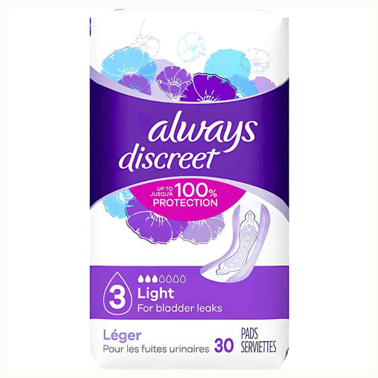 Discreet Light Incontinence Pads, 30 Count