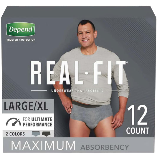 Depend Real Fit Incontinence Underwear for Men - Black/Grey - Maximum Absorbency - Large/Extra-Large/12 Count