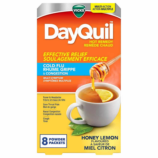 DayQuil Hot Remedy Cold, Flu & Congestion Medicine, Daytime, Non-Drowsy Relief for Fever & Headache, Sore Throat Pain, Nasal Congestion, Cough, Multi-Action, Honey Lemon Flavoured
