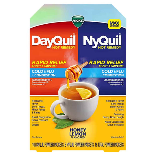 DayQuil and NyQuil Convenience Pack Hot Remedy Cold, Flu & Congestion Medicine, Daytime & Nighttime, Relief for Fever & Headache, Sore Throat Pain, Nasal Congestion, Cough, Multi-Action, Honey Lemon Flavoured