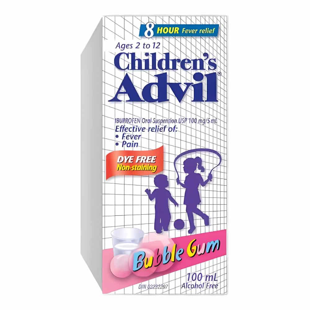 Children's Advil Fever and Pain Relief Ibuprofen Oral Suspension, Dye Free, Bubble Gum, 100 mL