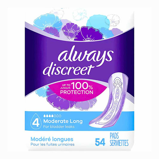 Discreet Moderate Long Incontinence Pads, 54 Count