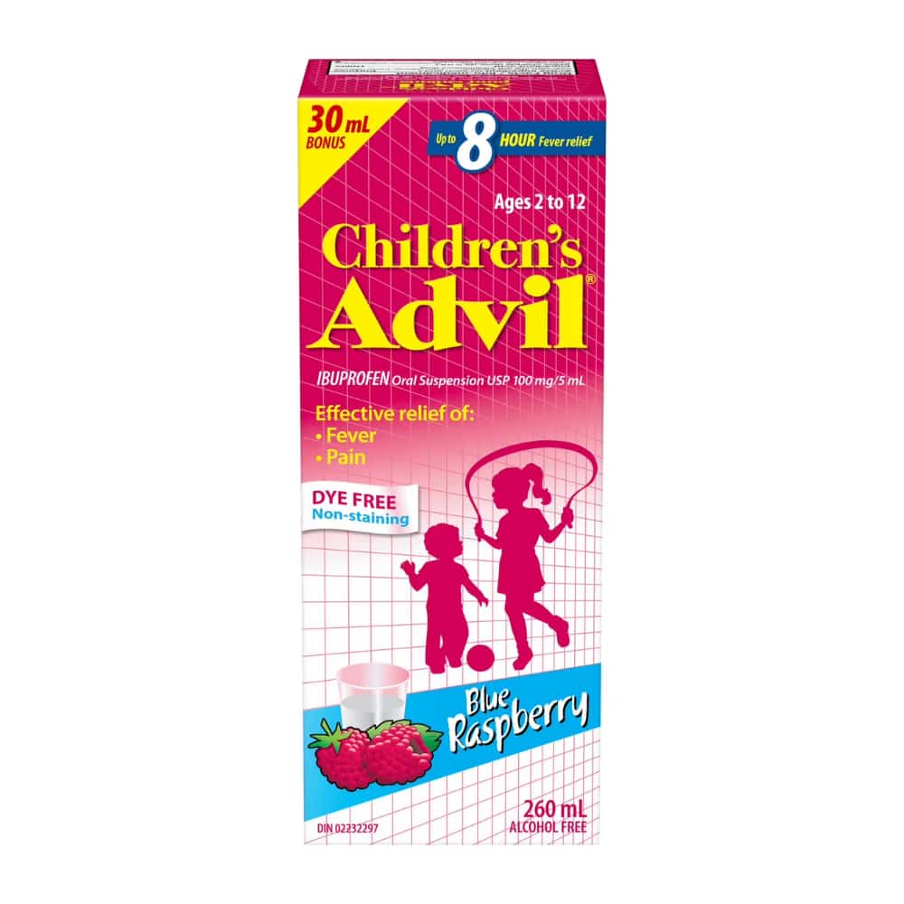 Children's Advil Fever and Pain Relief Ibuprofen Oral Suspension, Dye Free, Blue Raspberry, 230 mL