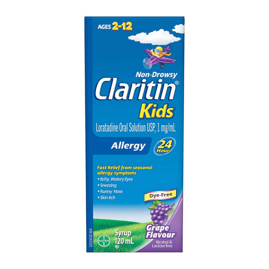 Claritin Kids, Allergy Medicine, 24-Hour Non-Drowsy Relief Syrup, Grape Flavour, 120 mL