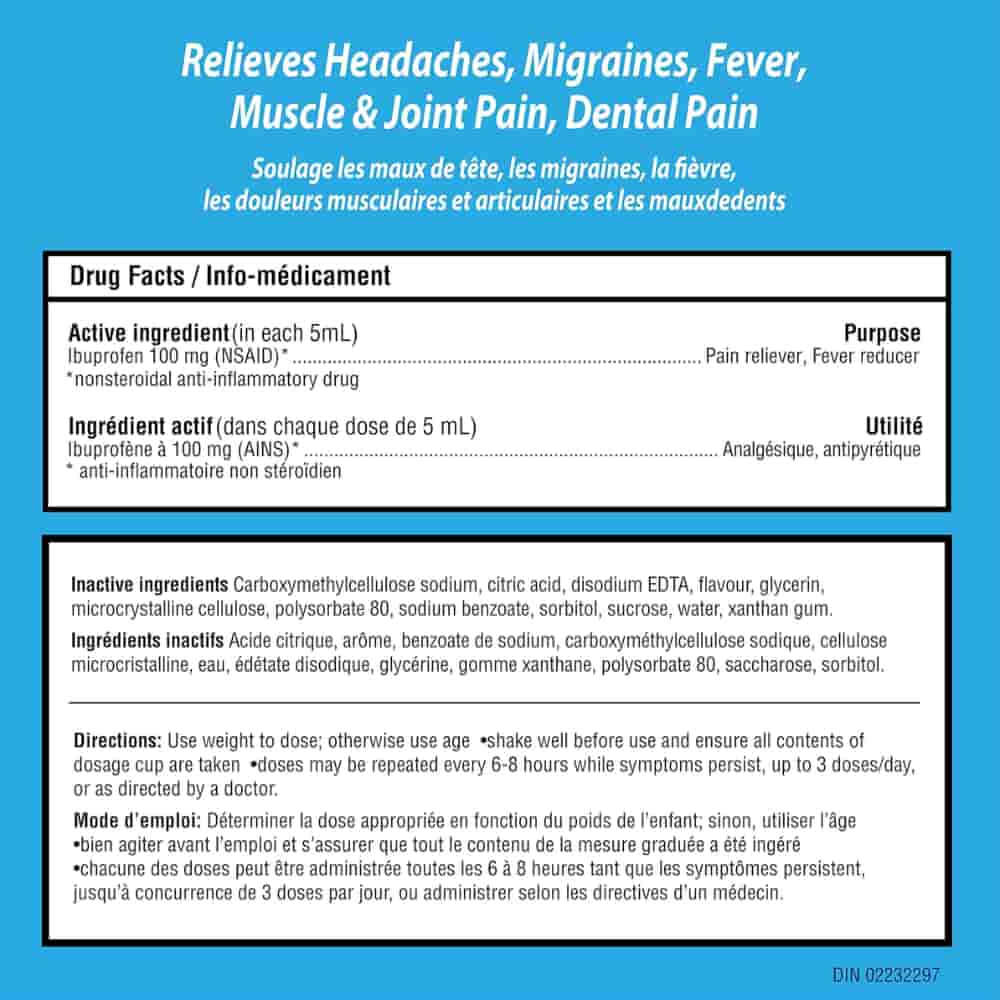 Children's Advil Fever and Pain Relief Ibuprofen Oral Suspension, Dye Free, Bubble Gum, 100 mL