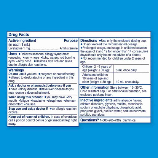 Claritin Kids, Allergy Medicine, 24-Hour Non-Drowsy Relief Syrup, Grape Flavour, 120 mL