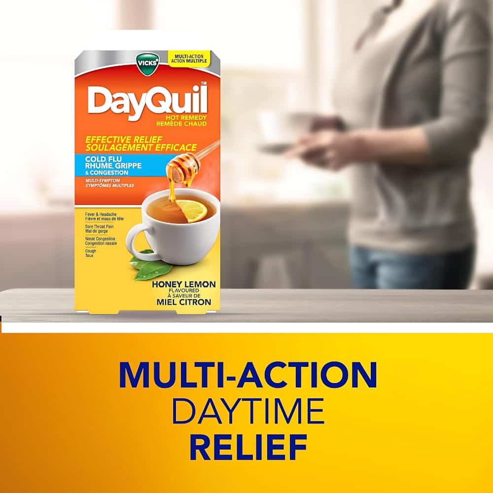 DayQuil Hot Remedy Cold, Flu & Congestion Medicine, Daytime, Non-Drowsy Relief for Fever & Headache, Sore Throat Pain, Nasal Congestion, Cough, Multi-Action, Honey Lemon Flavoured