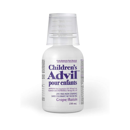 Children's Advil Fever and Pain Relief Ibuprofen Oral Suspension, Dye Free, Grape, 230 mL