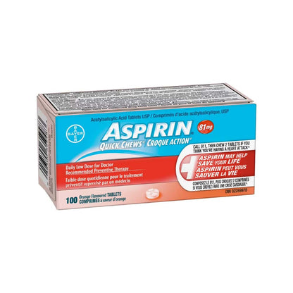 ASPIRIN 81mg, Daily Low Dose Quick Chews, Orange Flavour, 100 Tablets
