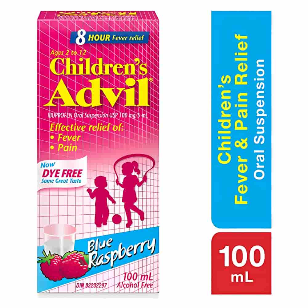 Children's Advil Fever and Pain Relief Ibuprofen Oral Suspension, Dye Free, Blue Raspberry, 100 mL