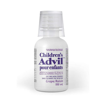 Children's Advil Fever and Pain Relief Ibuprofen Oral Suspension, Dye Free, Grape, 100 mL