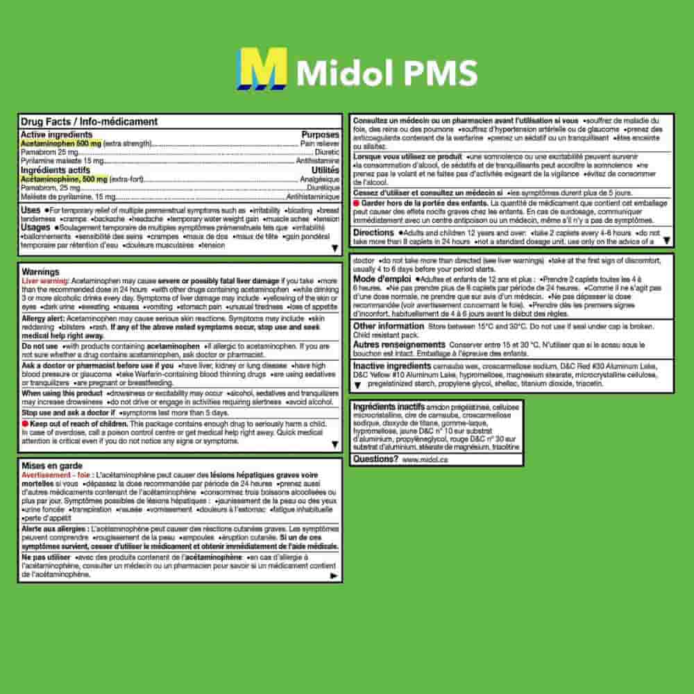 Midol PMS Caffeine-Free, Fast Relief of Pre-Menstrual Period Symptoms such as Irritability, Bloating, Cramps, Breast tenderness, Backache, Headaches and Muscle Aches. 40 Caplets
