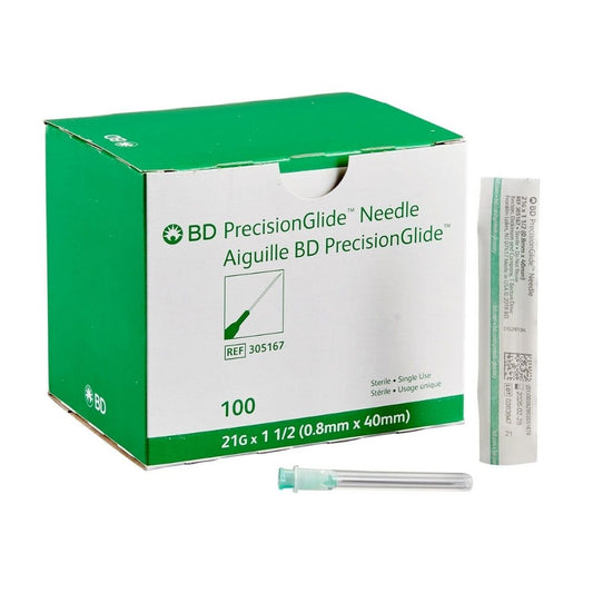 BD PrecisionGlide™ Needle, 21 G x 1 1/2" (Green Hub) (Box 100 pcs)