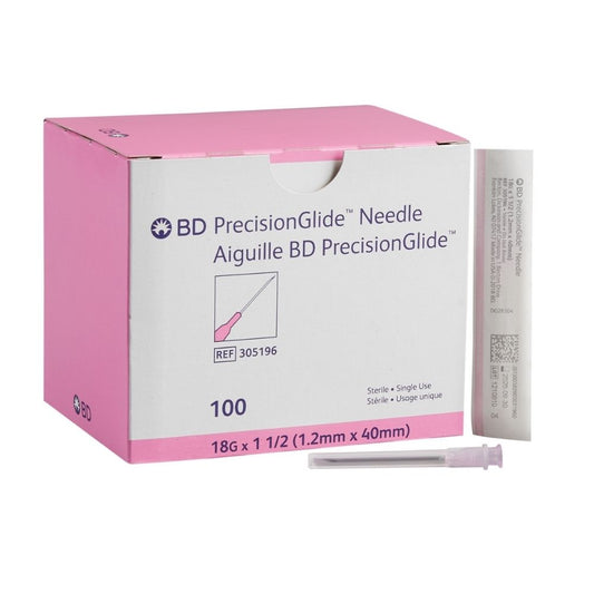 BD PrecisionGlide™ Needle, 18 G x 1 1/2" (Pink Hub) (Box 100 pcs)